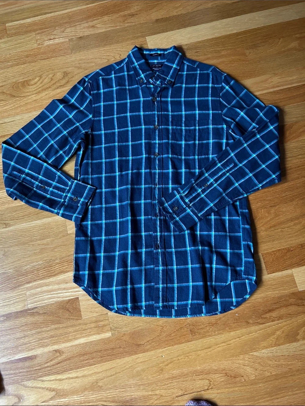 J. Crew Men's Navy and Teal Windowpane Button-Down Shirt